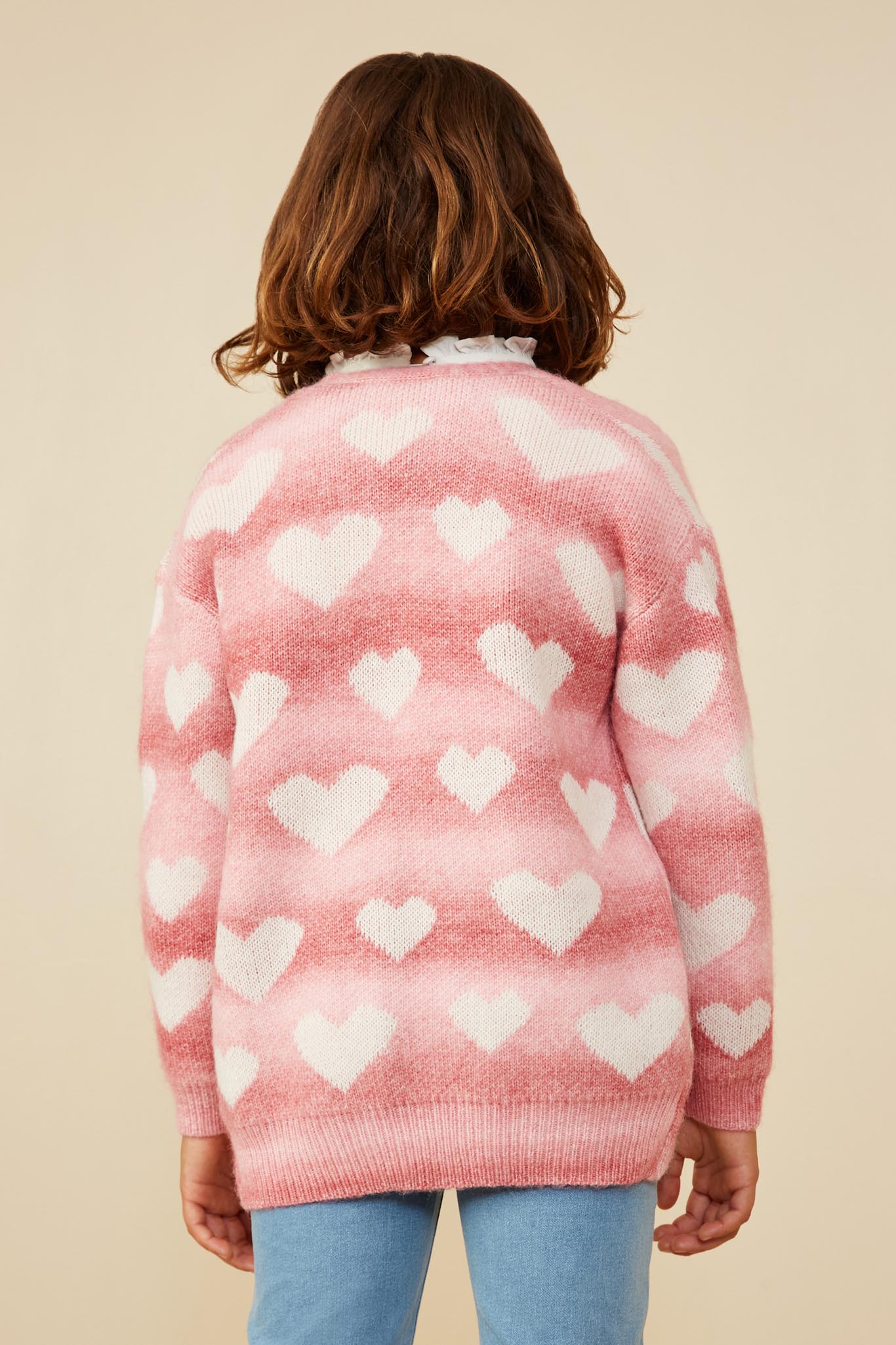 GY8644 Pink Girls Heart Knit Patch Pocket Sweater Cardigan Back