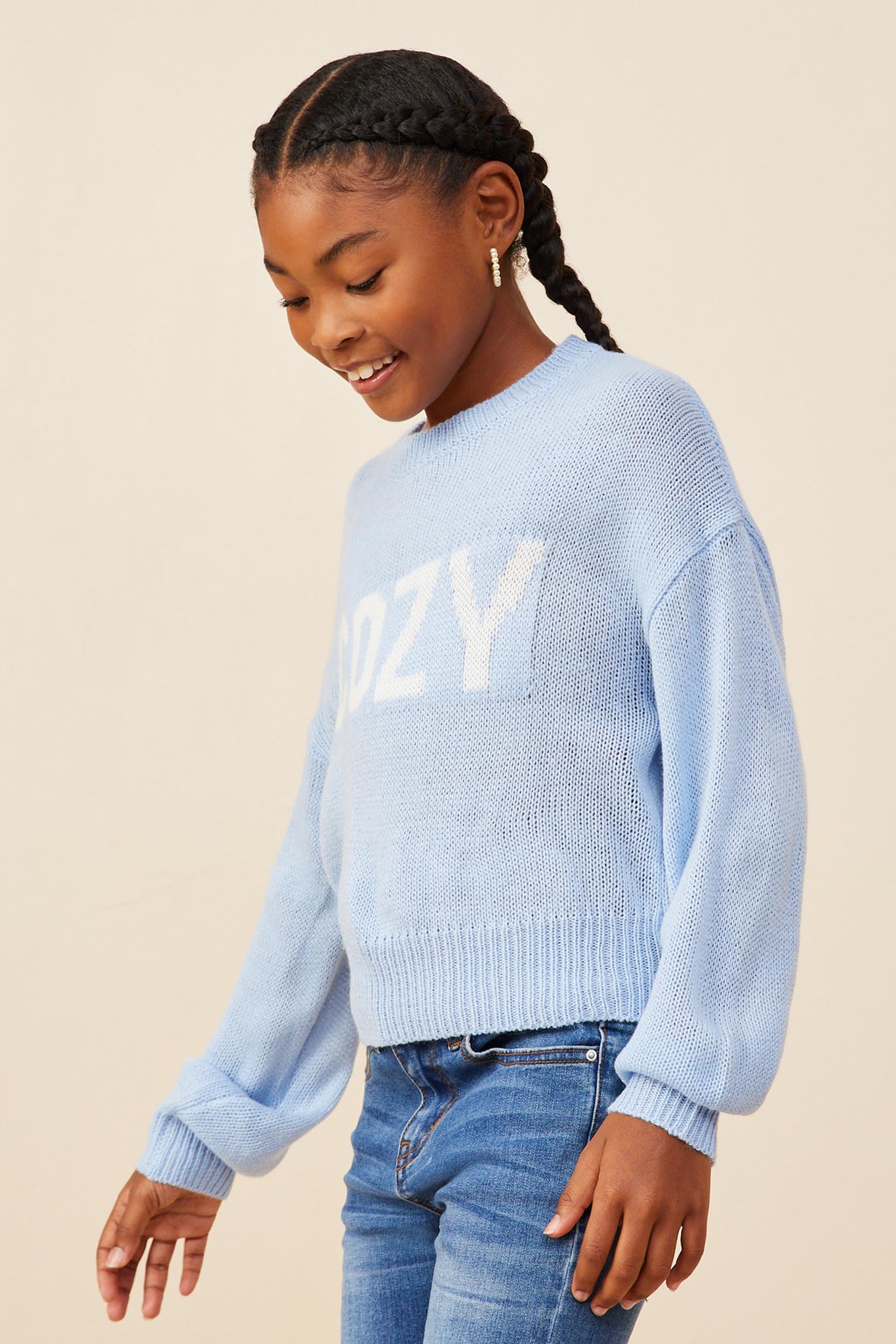 GY8645 Blue Girls Cozy Graphic Knit Pullover Sweater Side