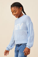 GY8645 Blue Girls Cozy Graphic Knit Pullover Sweater Side