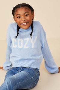 GY8645 Blue Girls Cozy Graphic Knit Pullover Sweater Front 2
