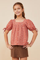 GY8662 Rust Girls Botanical Embroidered Tie Sleeve Top Front