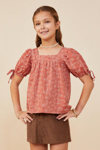 GY8662 Rust Girls Botanical Embroidered Tie Sleeve Top Front
