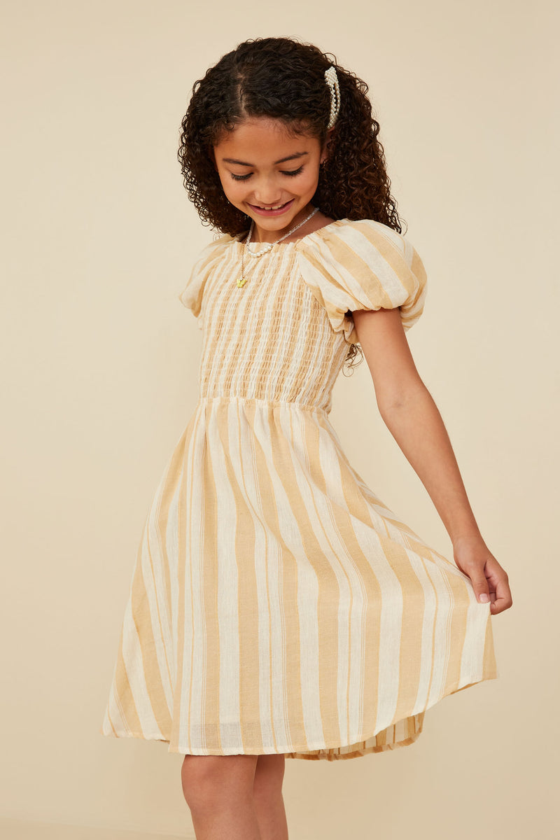 GY8666 Mustard Girls Textured Stripe Smocked Puff Sleeve Dress Front