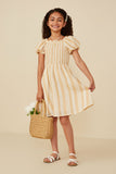 GY8666 Mustard Girls Textured Stripe Smocked Puff Sleeve Dress Pose