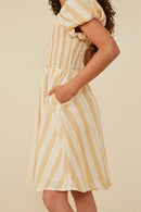 GY8666 Mustard Girls Textured Stripe Smocked Puff Sleeve Dress Detail