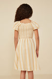 GY8666 Mustard Girls Textured Stripe Smocked Puff Sleeve Dress Back