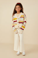 GY8670 Mustard Mix Girls Multi Stripe Knit Cropped Sweater Cardigan Pose 2