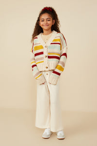 GY8670 Mustard Mix Girls Multi Stripe Knit Cropped Sweater Cardigan Pose 2
