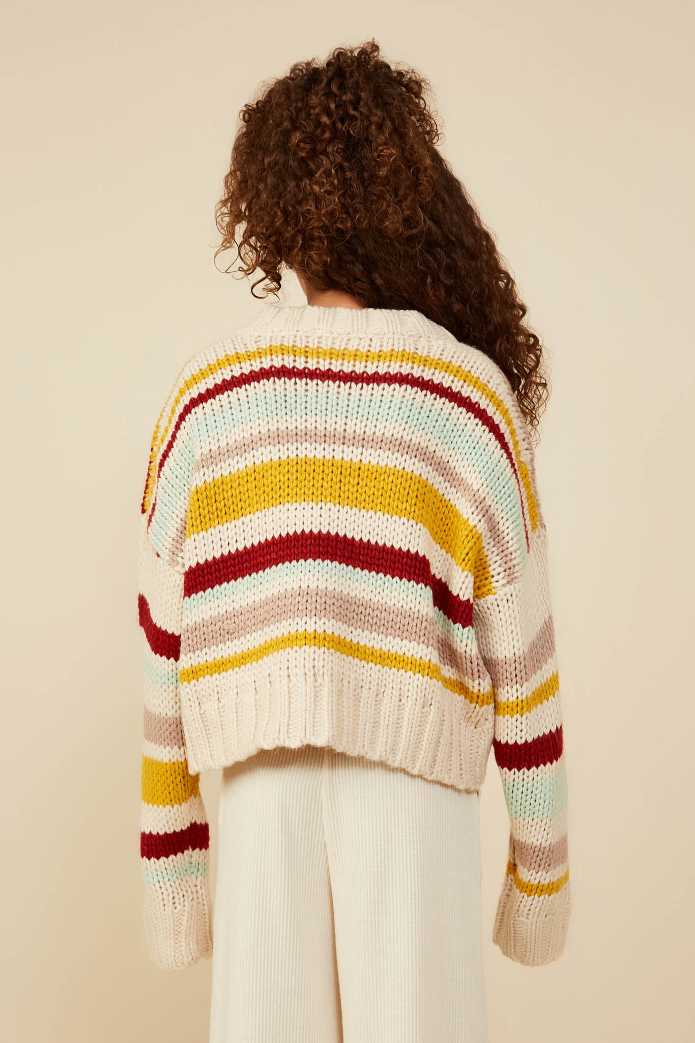 GY8670 Mustard Mix Girls Multi Stripe Knit Cropped Sweater Cardigan Back