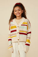 GY8670 Mustard Mix Girls Multi Stripe Knit Cropped Sweater Cardigan Front