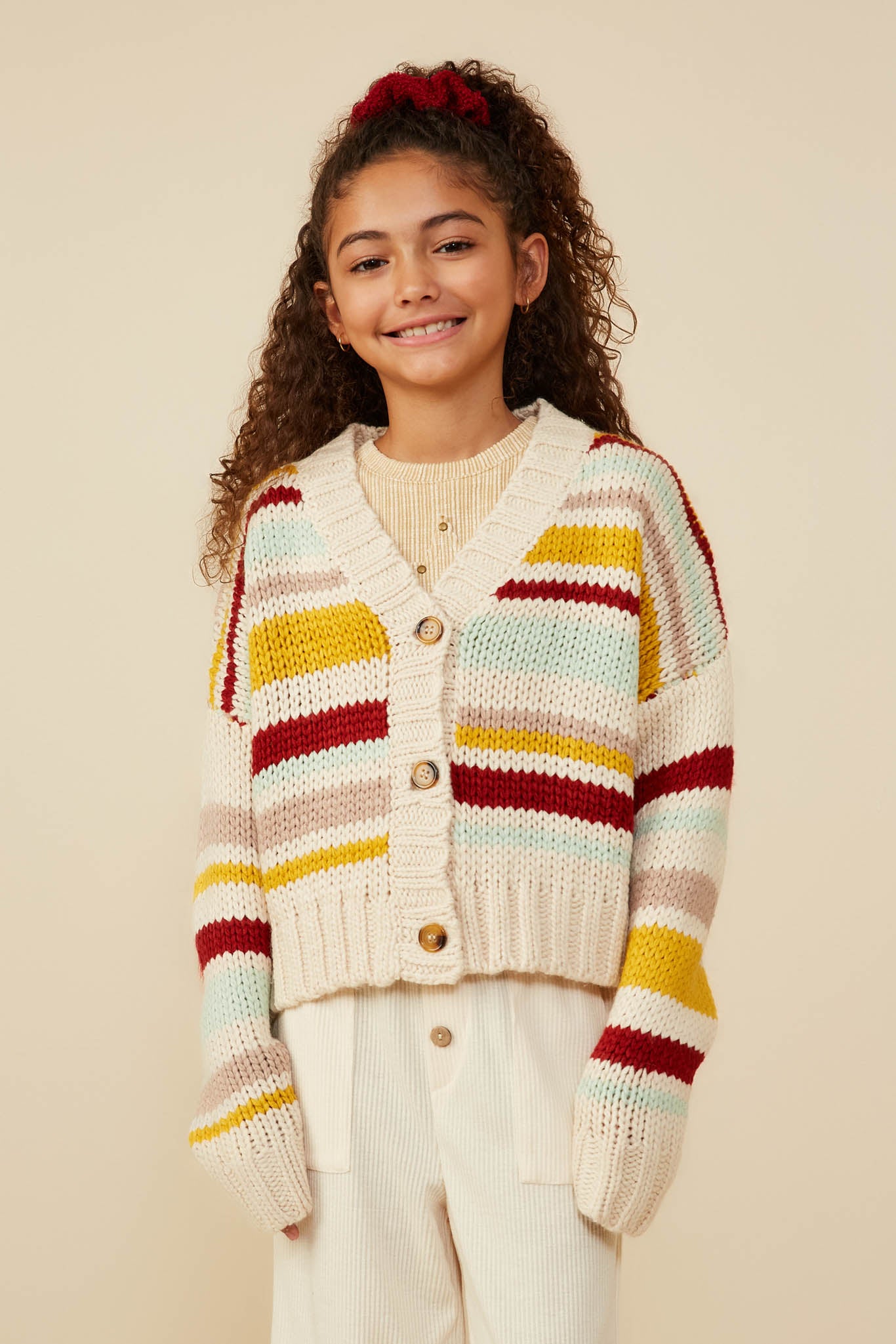GY8670 Mustard Mix Girls Multi Stripe Knit Cropped Sweater Cardigan Front