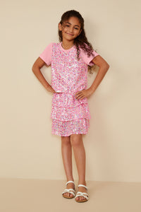 GY8689 Pink Girls Sequin Paneled T Shirt Front