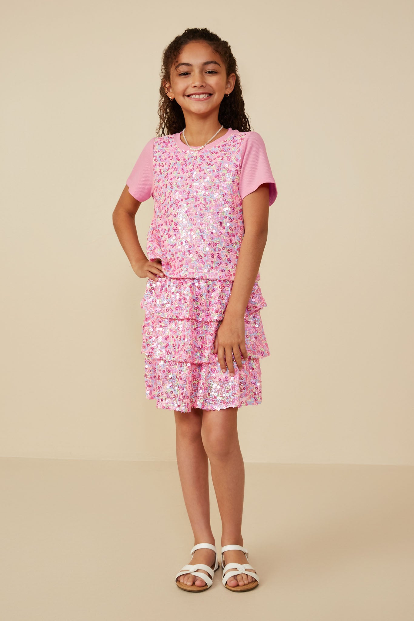 GY8689 Pink Girls Sequin Paneled T Shirt Front 2