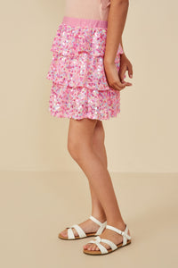 GY8690 Pink Girls Sequined Elastic Waist Tiered Skirt Side