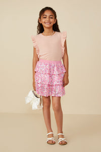 GY8690 Pink Girls Sequined Elastic Waist Tiered Skirt Pose