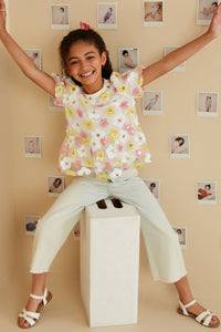 GY8703 Pink Mix Girls Floral Sequin Patch Mesh Top Pose