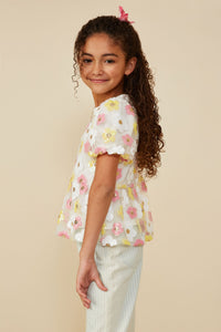 GY8703 Pink Mix Girls Floral Sequin Patch Mesh Top
