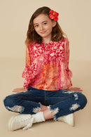 GY8719 PINK MIX Girls Print Blocked Cinch Sleeve Baby Doll Top Front