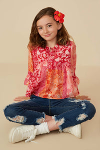 GY8719 PINK MIX Girls Print Blocked Cinch Sleeve Baby Doll Top Front