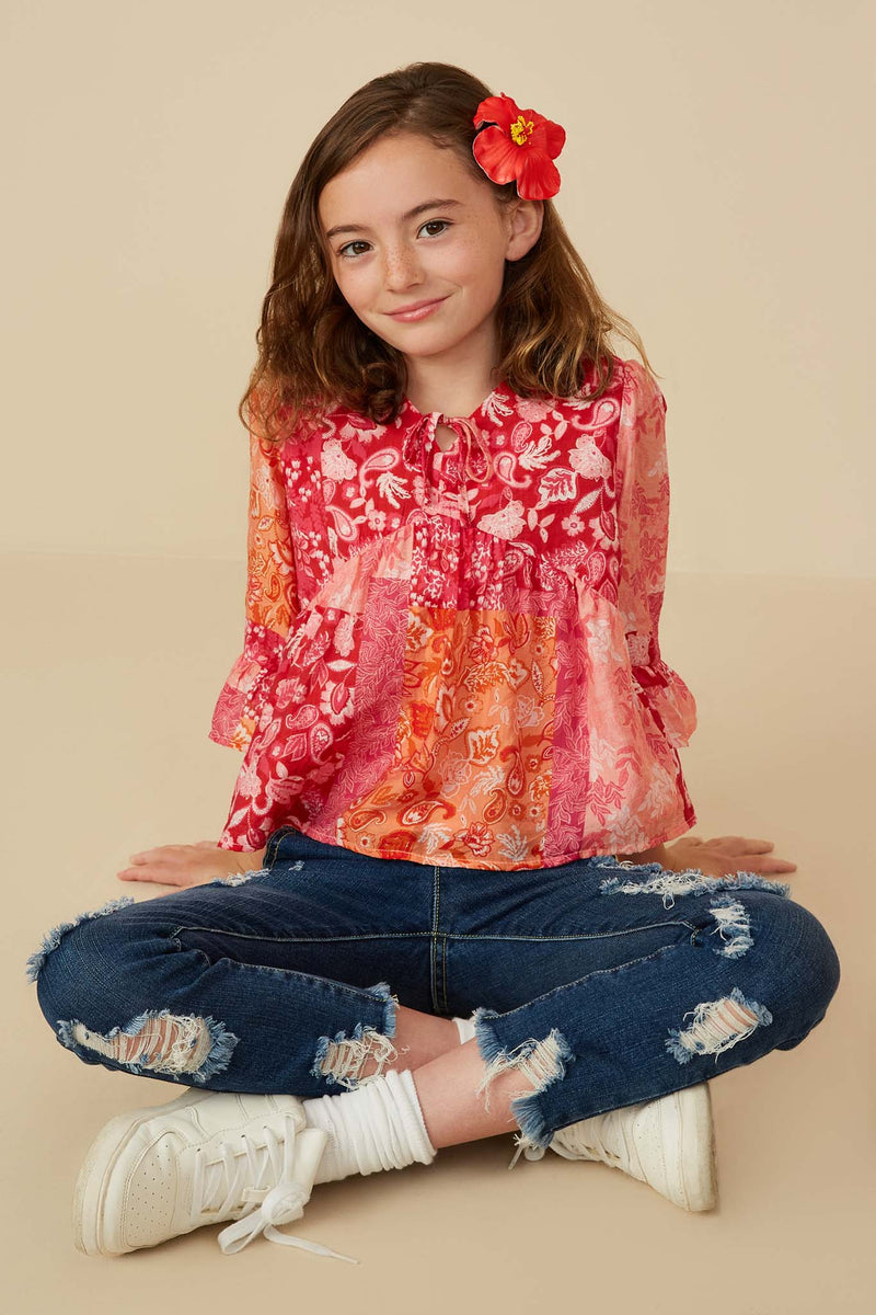 GY8719 PINK MIX Girls Print Blocked Cinch Sleeve Baby Doll Top Front