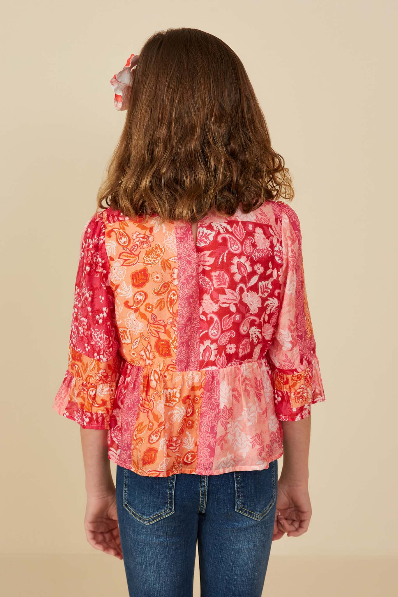 GY8719 PINK MIX Girls Print Blocked Cinch Sleeve Baby Doll Top Back