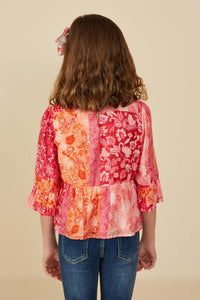 GY8719 PINK MIX Girls Print Blocked Cinch Sleeve Baby Doll Top Back