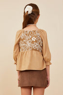 GY8721 Taupe Girls Floral Embroidered Mix Media Peplum Top Back