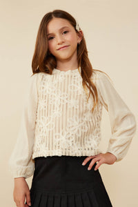 GY8724 OATMEAL Girls Floral Embroidered Textured Puff Sleeve Top Front