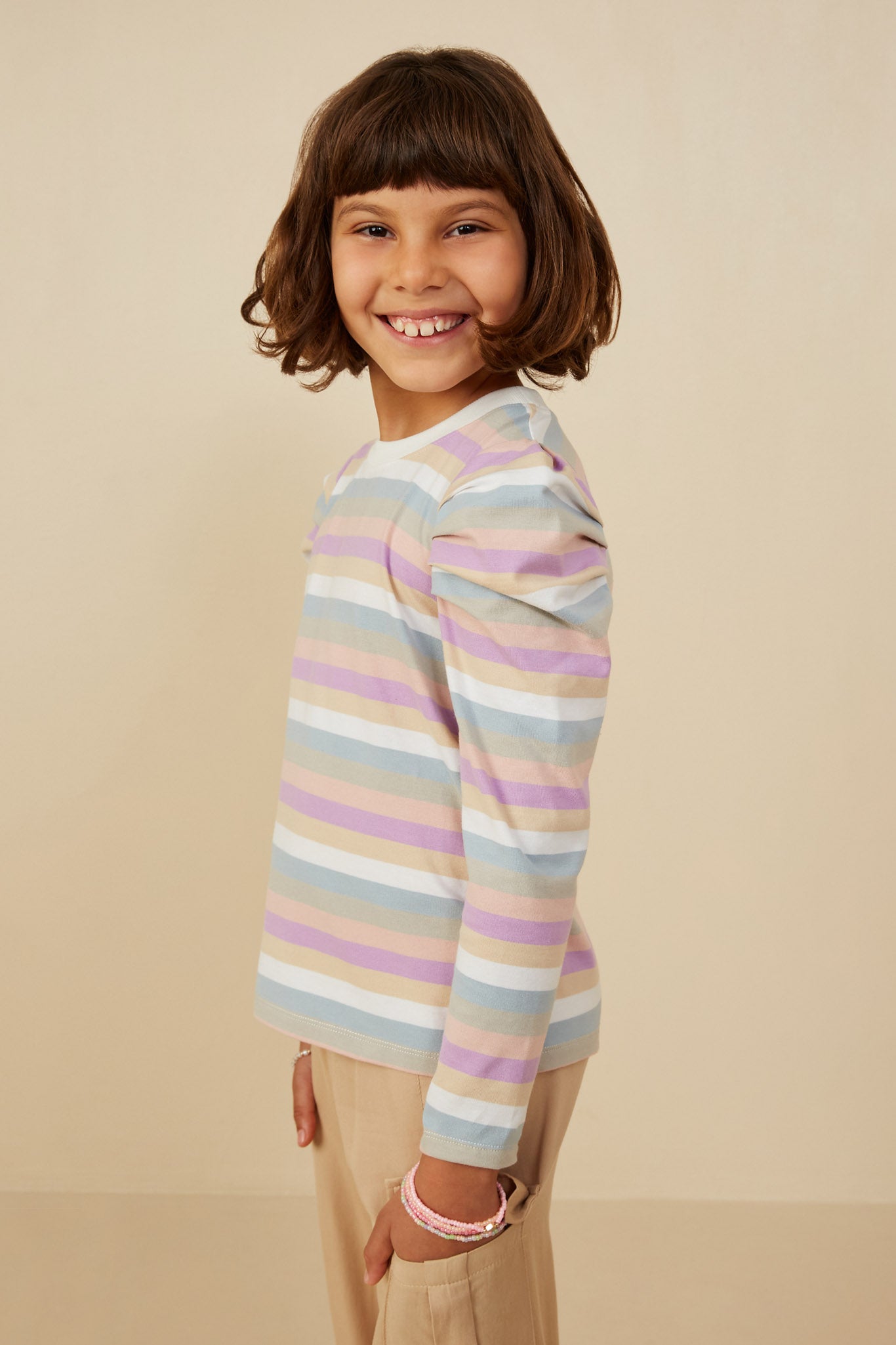 GY8737 Lavender Mix Girls Multicolor Stripe Puff Shoulder Knit Top Side