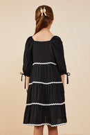 GY8741 Black Girls Wavy Twill Trimmed Square Neck Dress Back