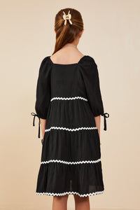 GY8741 Black Girls Wavy Twill Trimmed Square Neck Dress Back