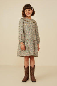 GY8743 Mustard Girls Wavy Twill Trimmed Sailor Collar Printed Dress Pose