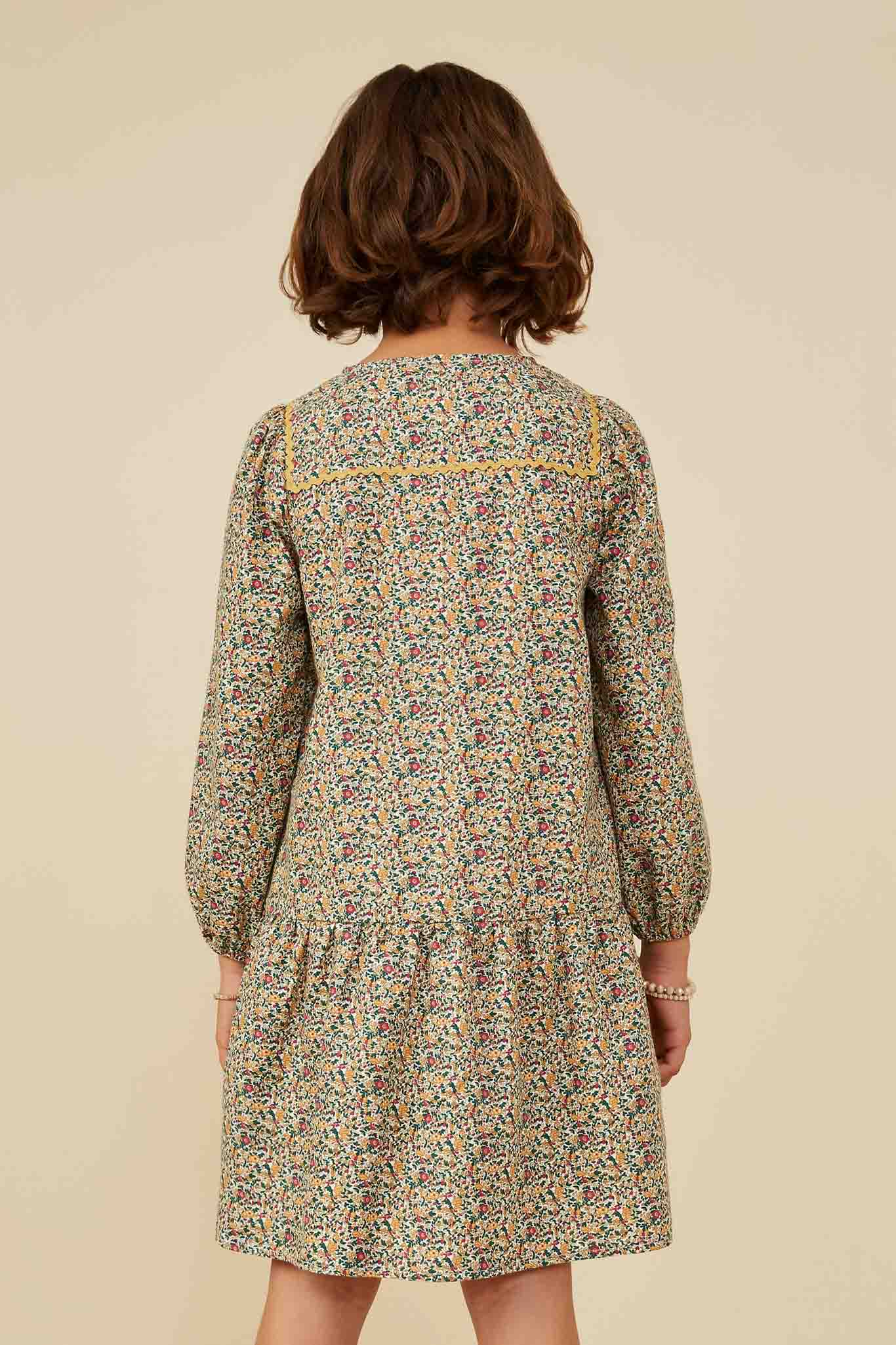 GY8743 Mustard Girls Wavy Twill Trimmed Sailor Collar Printed Dress Back