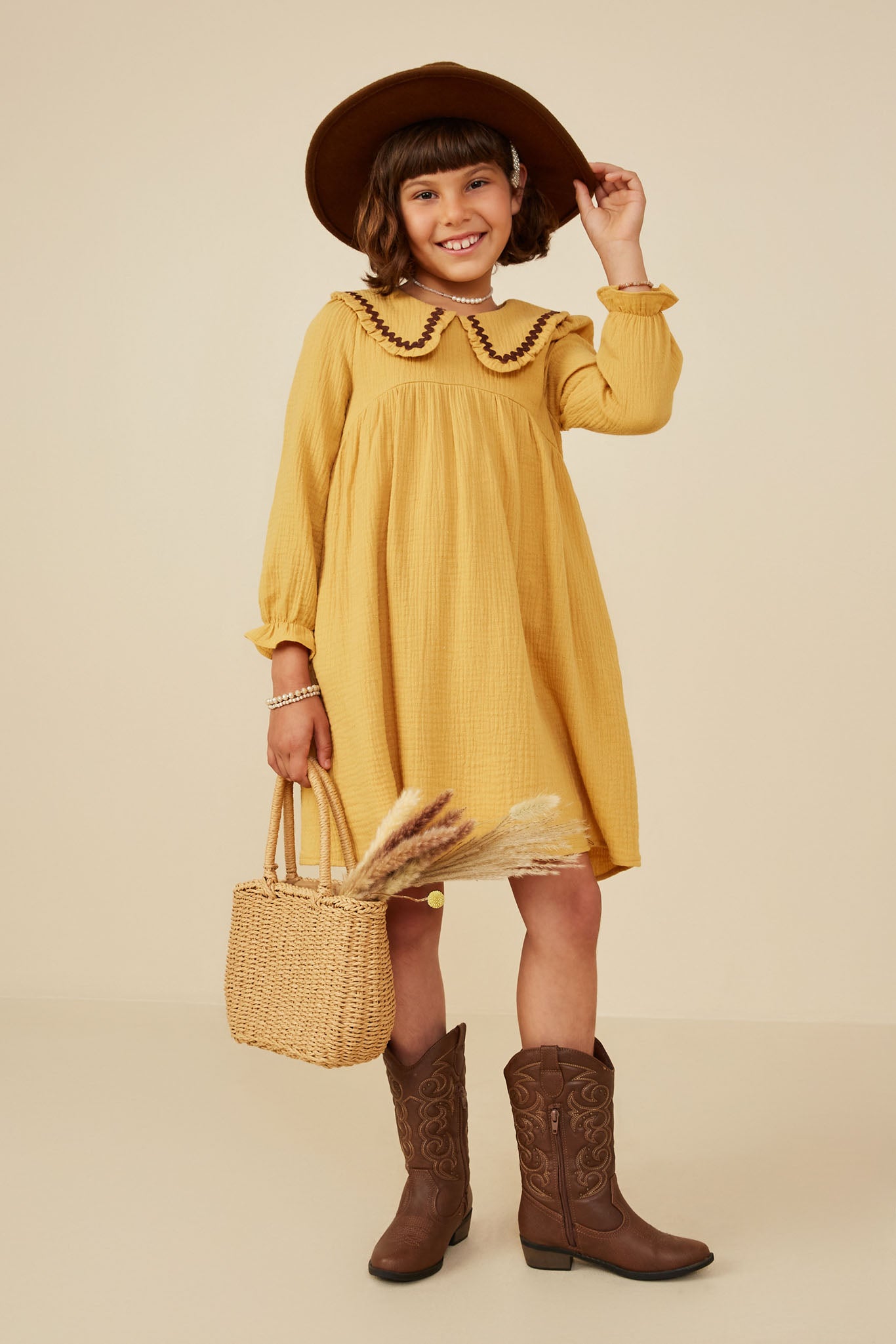 Girls Textured Trimmed Wavy Dress | Cute Girls' Clothes Mustard / L Mustard *Girl's Dresses Midi Dresses Hayden Girls Girls Textured Trimmed Wavy Dress | Cute Girls' Clothes Mustard / L Mustard *Girl's Dresses Midi Dresses Hayden Girls