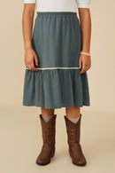 GY8747 Green Girls Wavy Twill Trimmed Gauze Midi Skirt Front