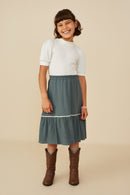 GY8747 Green Girls Wavy Twill Trimmed Gauze Midi Skirt Front 2