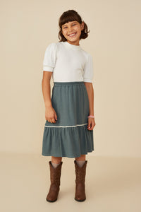 GY8747 Green Girls Wavy Twill Trimmed Gauze Midi Skirt Front 2