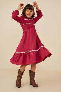 GY8748 Berry Girls Wavy Twill Trimmed Gathered Gauze Dress Pose