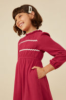 GY8748 Berry Girls Wavy Twill Trimmed Gathered Gauze Dress Side