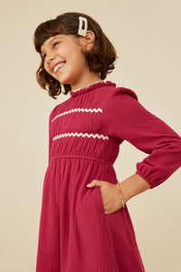 GY8748 Berry Girls Wavy Twill Trimmed Gathered Gauze Dress Side