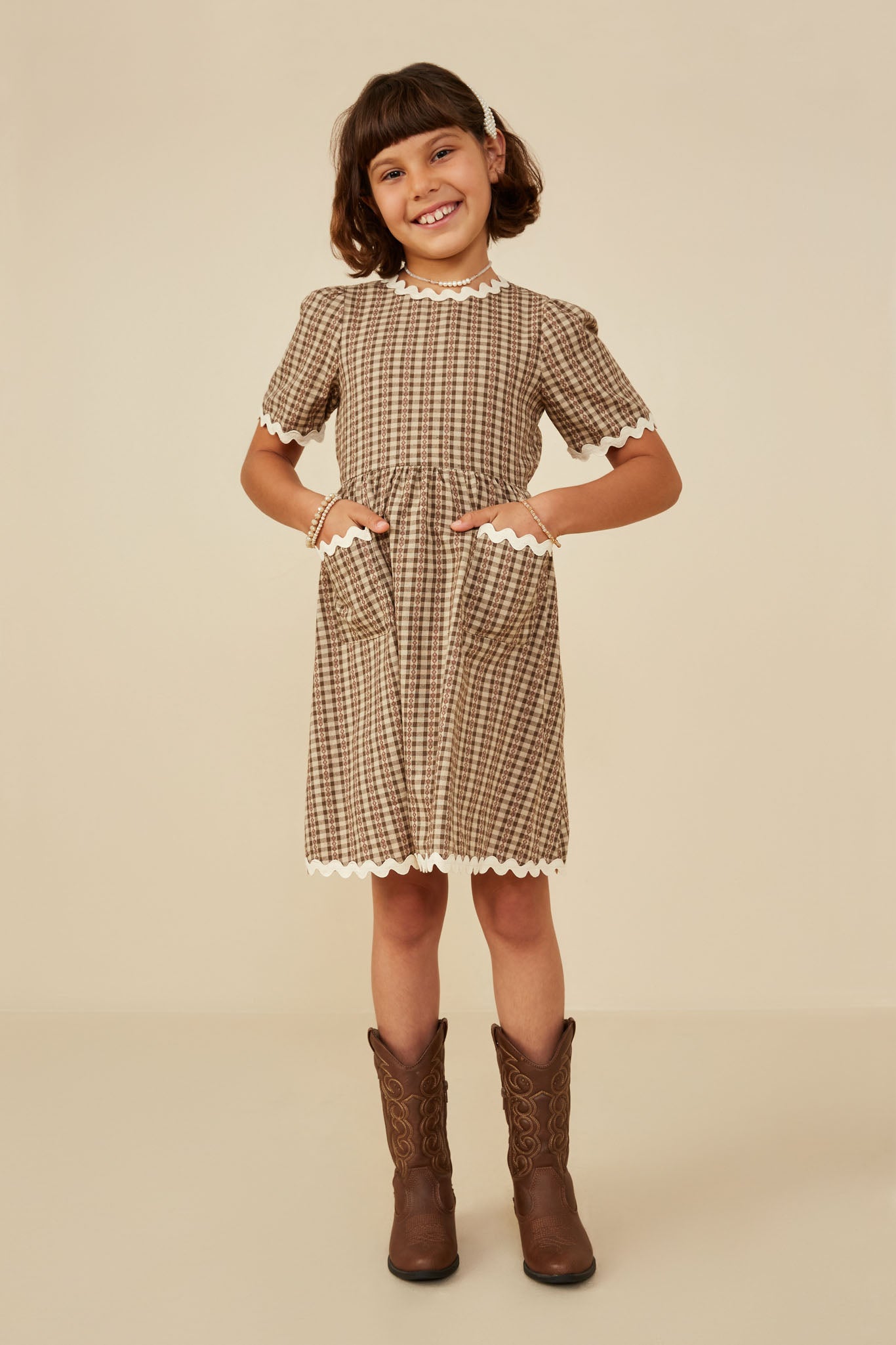 Wavy Twill Trimmed Pocketed Checkered Dress