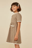 GY8757 Olive Girls Wavy Twill Trimmed Pocketed Checkered Dress Side