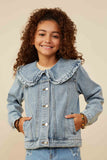 GY8759 Light Denim Girls Exaggerated Ruffle Collar Denim Jacket Front