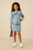 GY8759 Light Denim Girls Exaggerated Ruffle Collar Denim Jacket Pose
