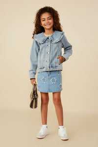 GY8759 Light Denim Girls Exaggerated Ruffle Collar Denim Jacket Pose