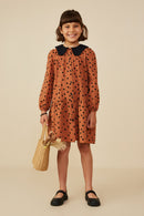 GY8764 Camel Girls Contrast Peter Pan Collar Polka Dot Dress Pose
