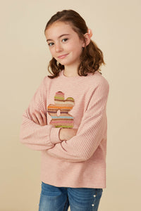 GY8770 Pink Girls Contrast Floral Patched Textured Stripe Knit Top Side