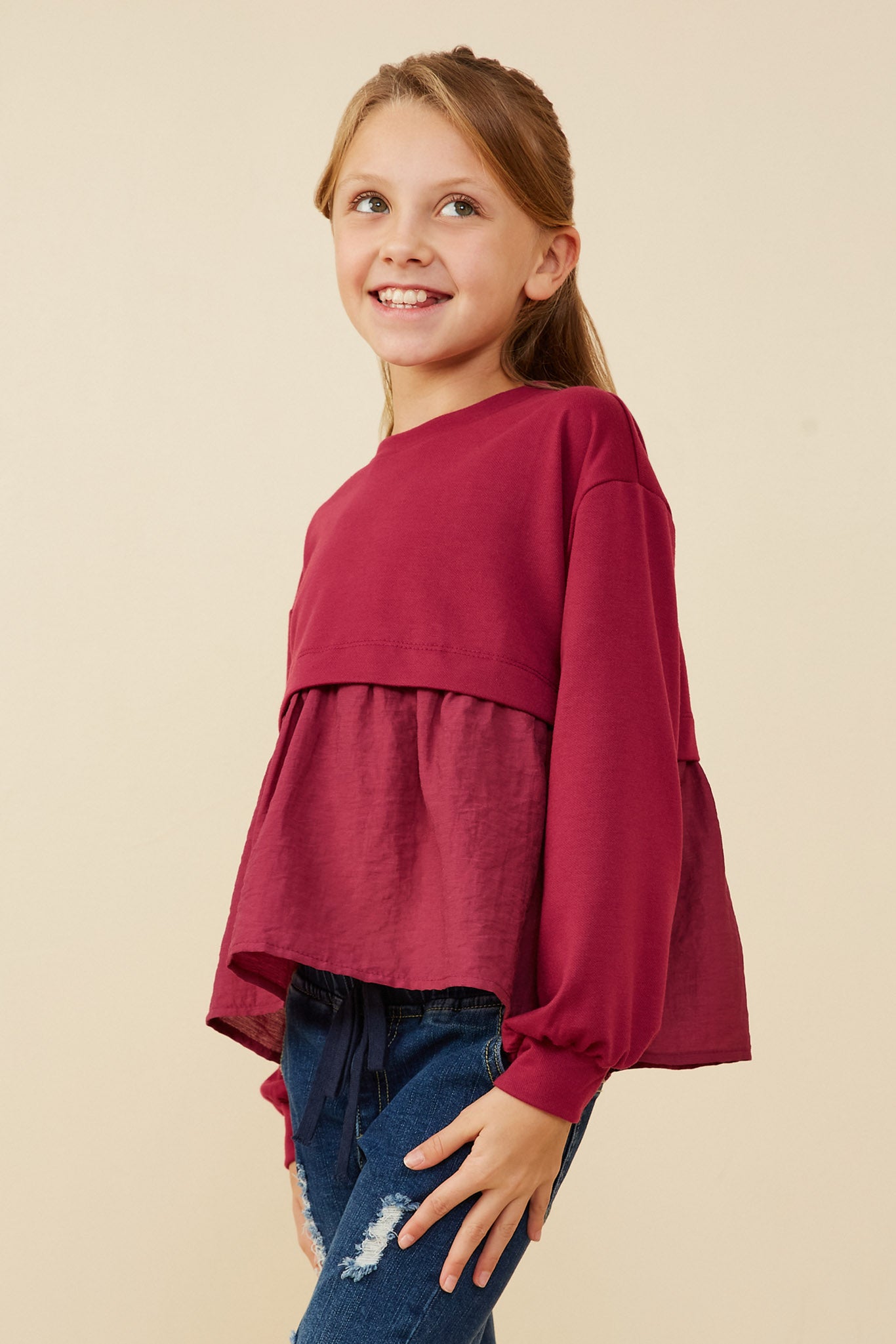 GY8771 Berry Girls Mix Media French Terry Knit Top Side