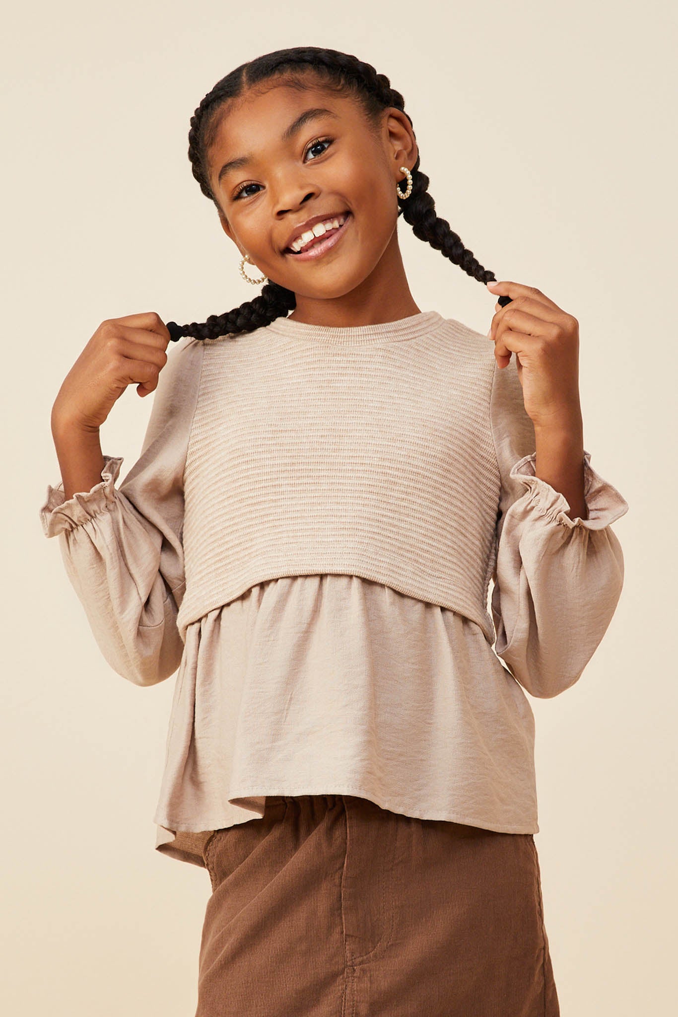 GY8777 Taupe Girls Mix Media Ribbed Knit Twofer Top Back Pose 2