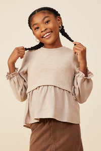 GY8777 Taupe Girls Mix Media Ribbed Knit Twofer Top Back Pose 2